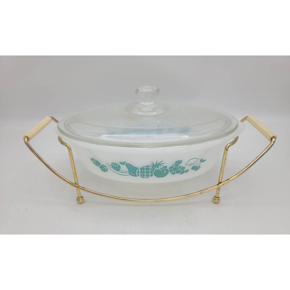 Vintage Glasbake Glass Oval 1Qt Casserole Lid And Metal Carrier Stand Pineapple - Picture 1 of 10
